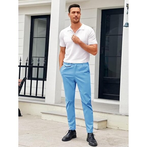 🆕Men Blue Slim Fit Front Stretch Skinny Tapered Dress Pant Comfort Casual Pant - Picture 5 of 5